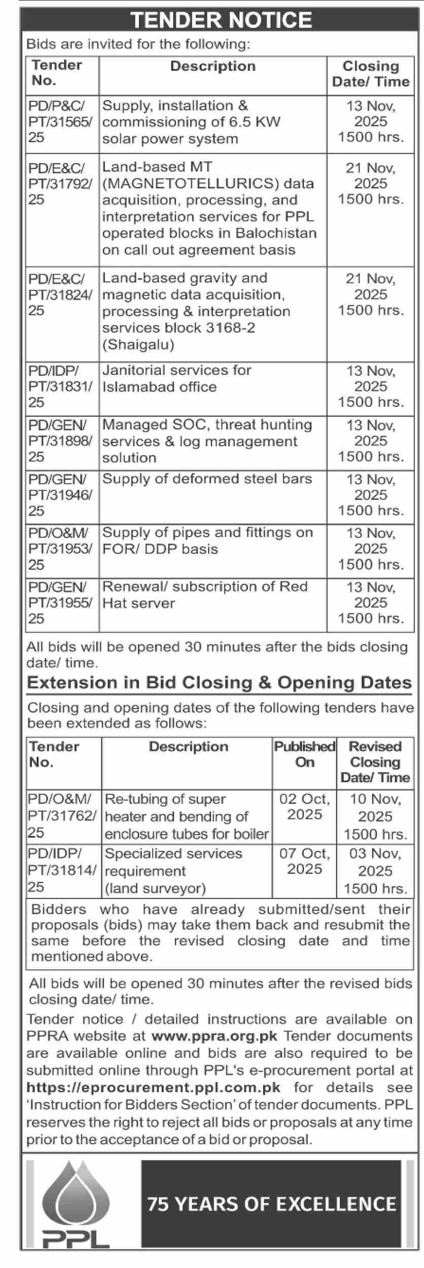 PPL Tender Notice